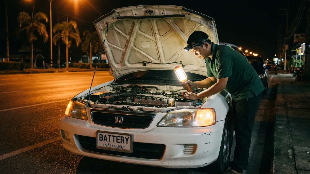 Battery Fast Phuket technician working on a car battery at night in Phuket