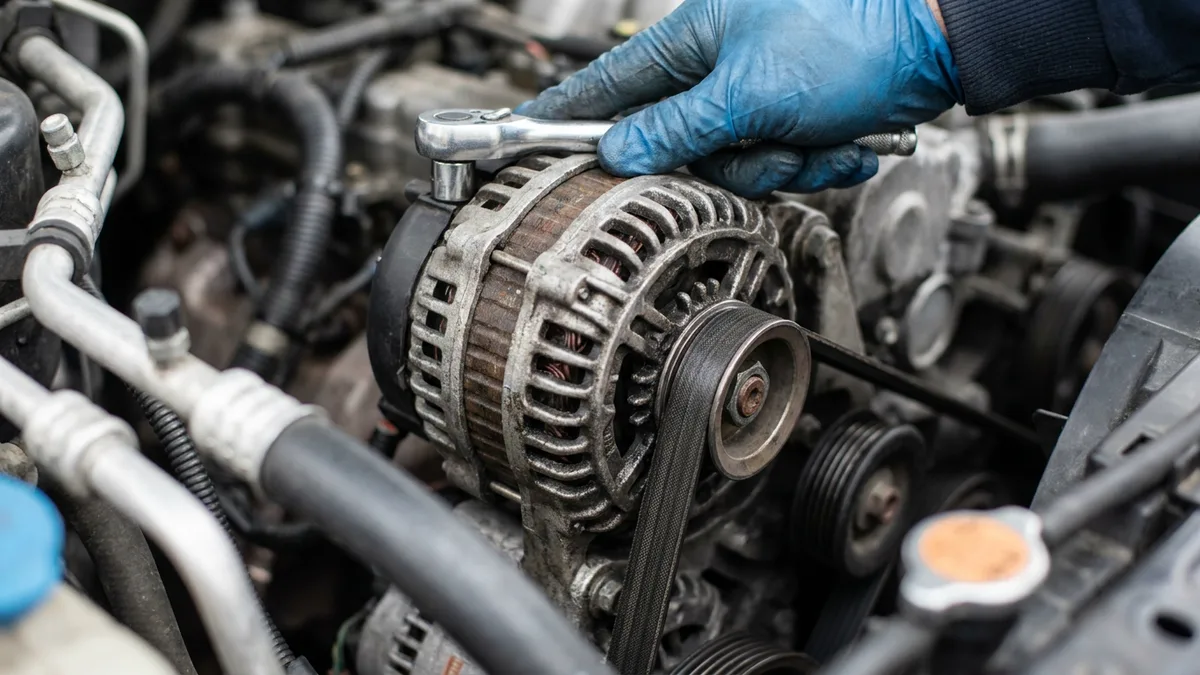 Car alternator removed from engine bay for inspection and replacement