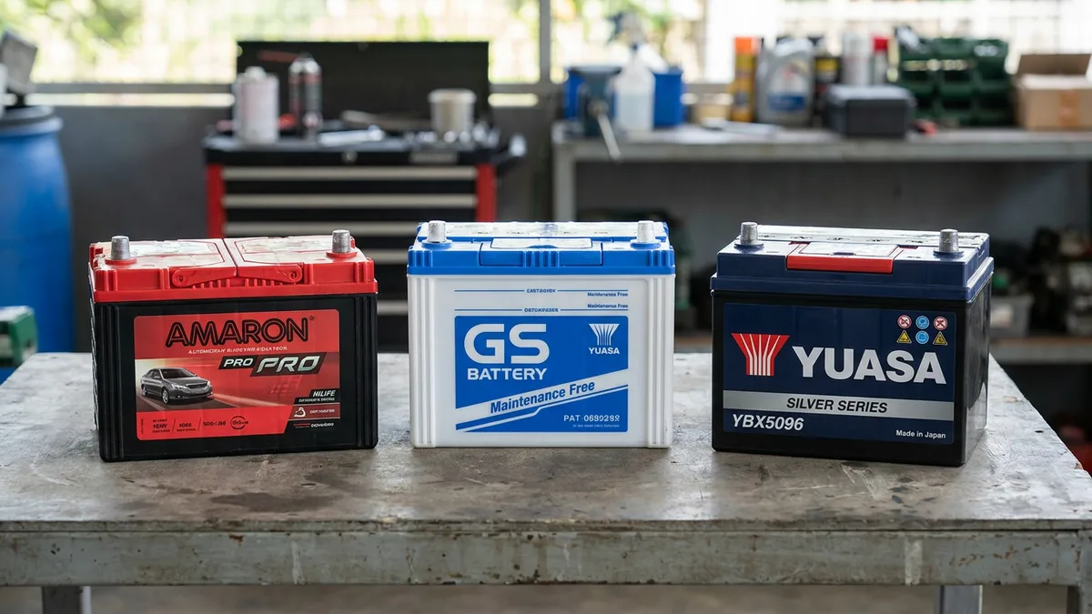 Three car batteries side by side — Amaron, GS, and Yuasa — on a workshop bench