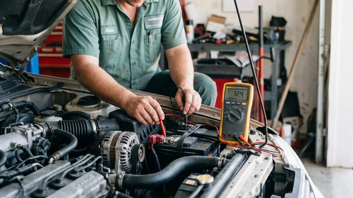 Mechanic testing a car alternator and battery with a multimeter