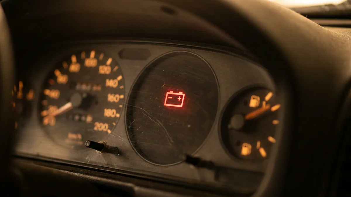 Red battery warning light illuminated on a car dashboard