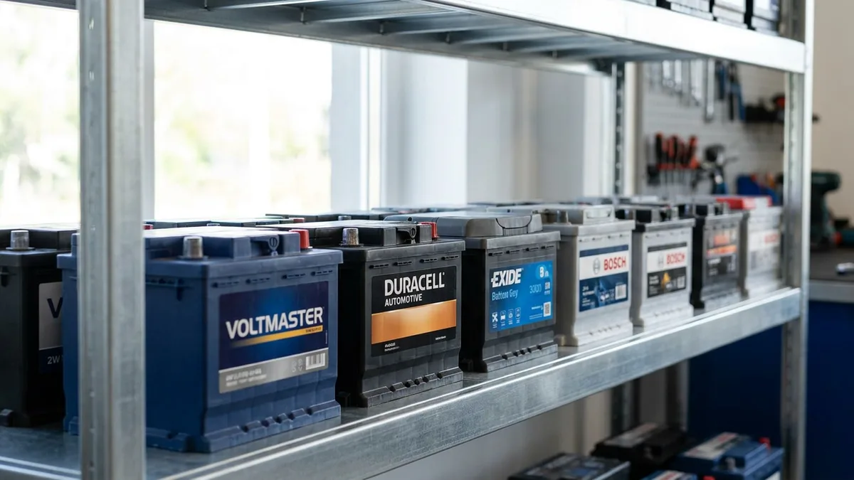 Row of car batteries from different brands on display at a battery shop in Thailand