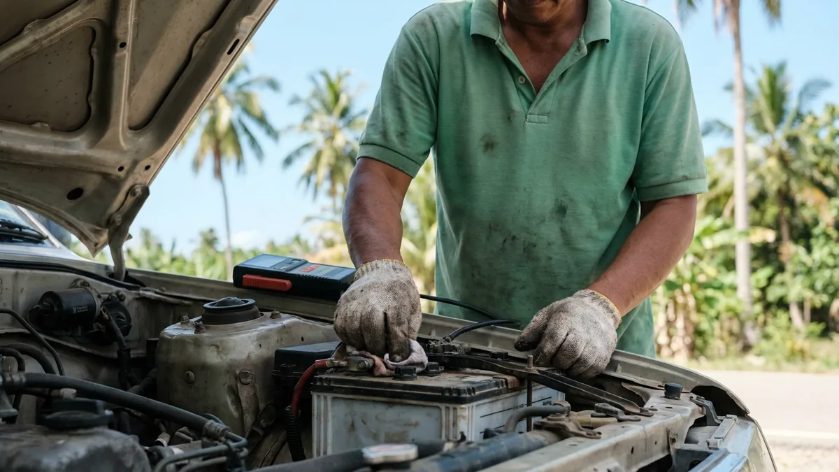 Mechanic checking and cleaning car battery terminals in a tropical garage in Phuket