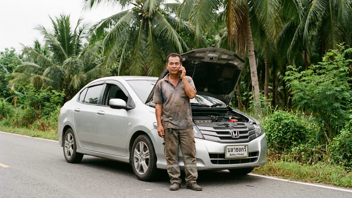 Car stopped at roadside in Phuket with driver on phone calling for help