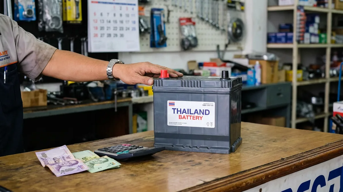Car battery price comparison chart at a Thai auto shop with Thai baht pricing