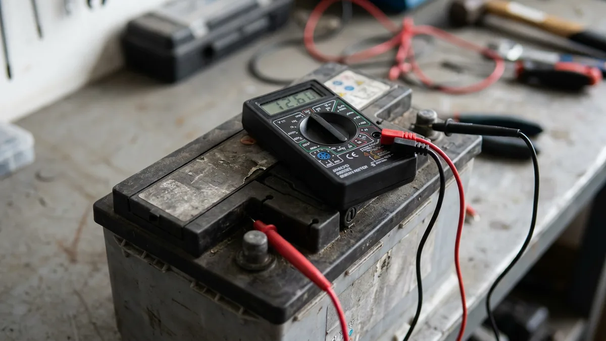 Digital multimeter displaying 12.6 volts on a car battery with engine bay visible