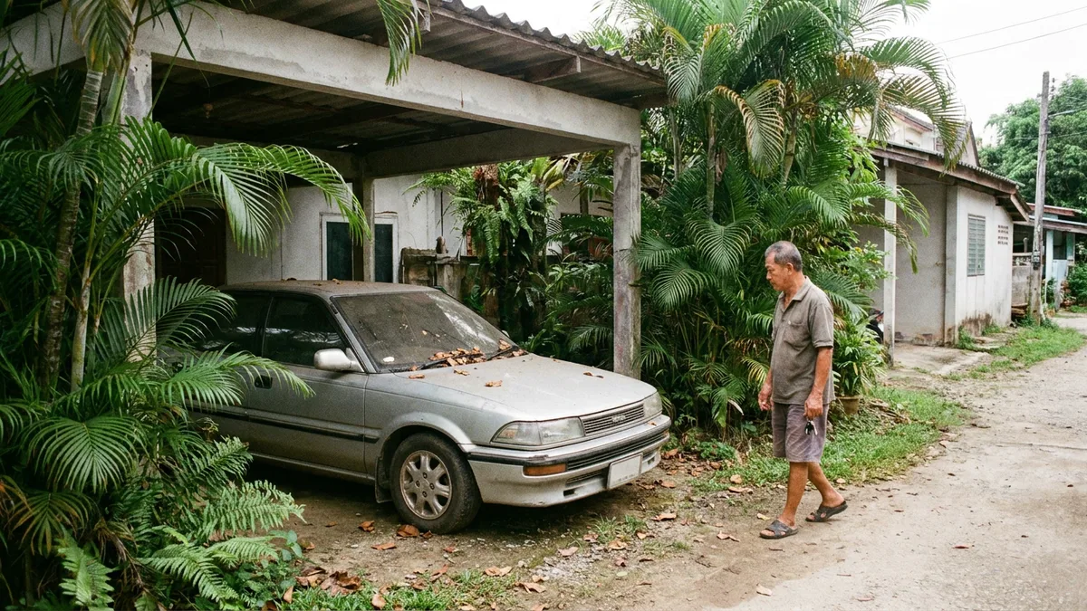 Car parked unused under a carport in a tropical setting with a dead battery
