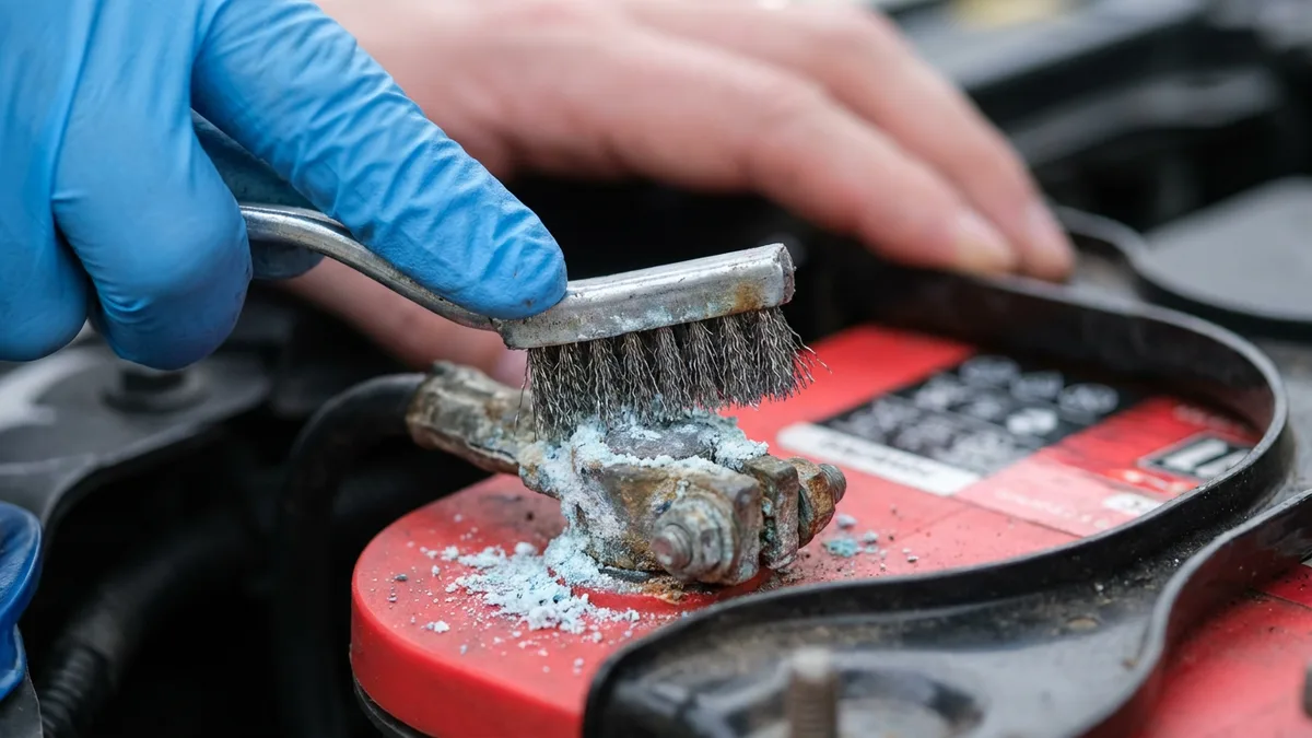 White corrosion buildup on a car battery terminal being cleaned