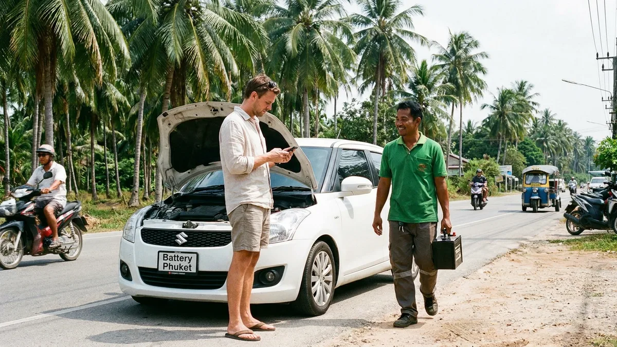 Rental car parked in Phuket with bonnet open and driver looking at battery