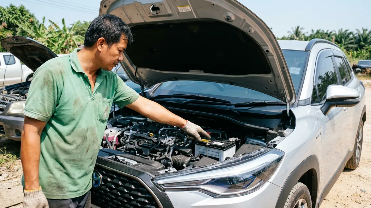 Comparison of EV hybrid and petrol car battery types under open hoods in Phuket