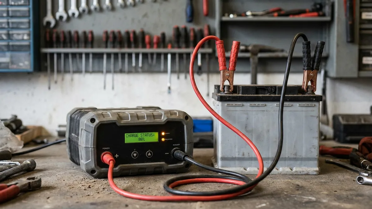 Smart charger display showing charge percentage and time remaining on a car battery