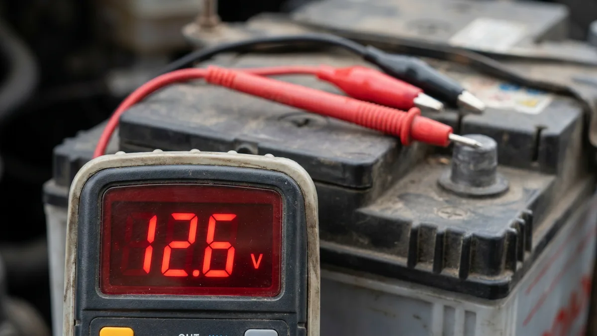 Multimeter showing 12.6 volts connected to car battery terminals in a parking area