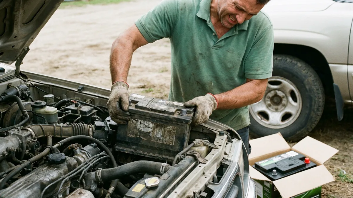 Technician replacing a car battery on a roadside in Phuket Thailand