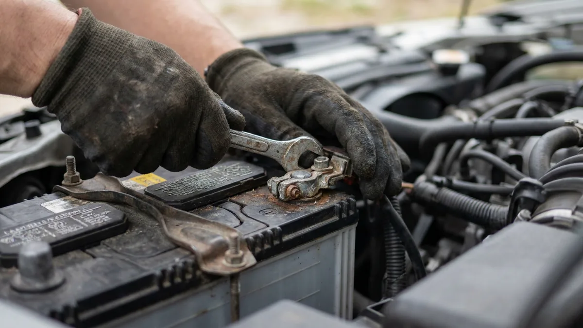 Person using a wrench to disconnect a car battery terminal in a garage