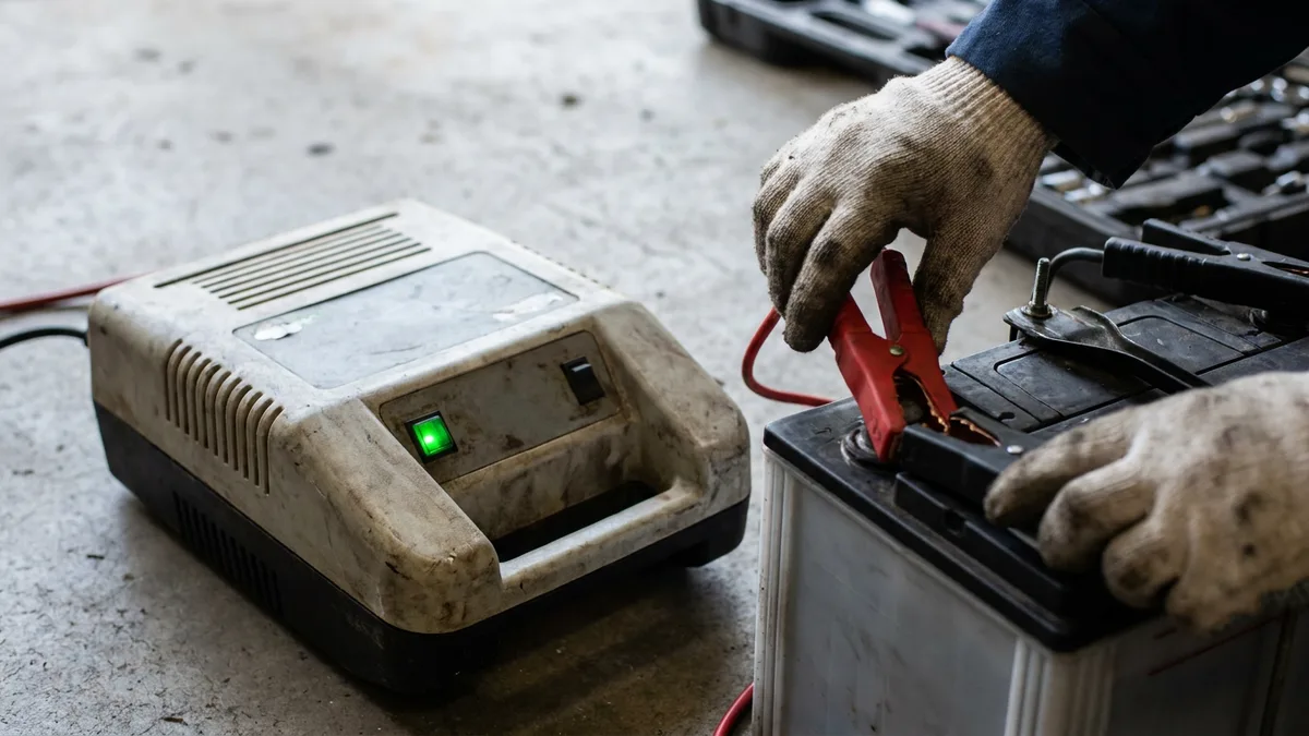 Smart battery charger connected to a car battery in a shaded garage in Phuket