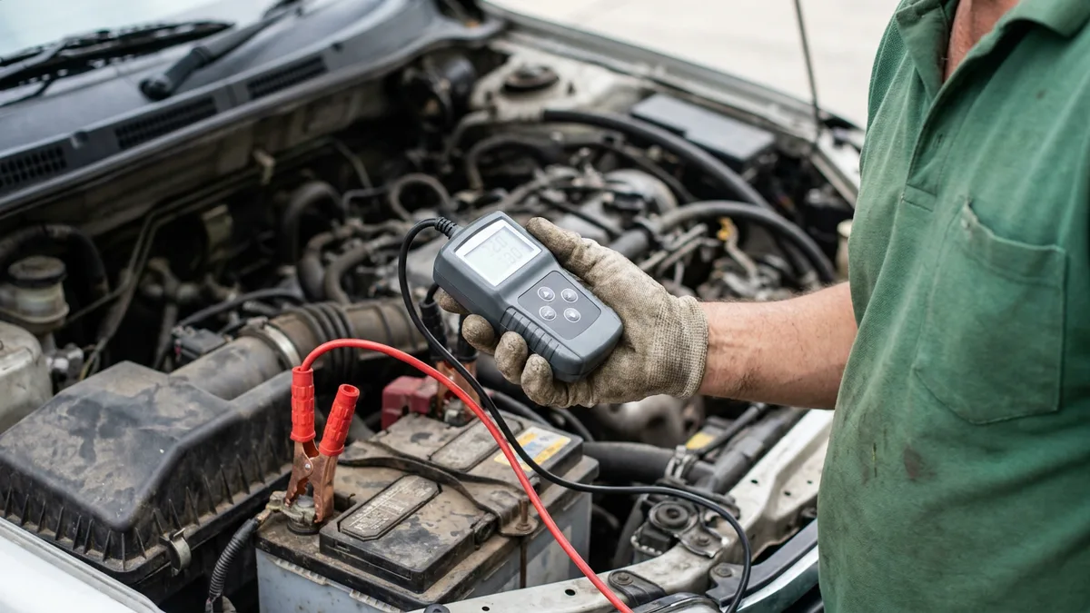 Mechanic inspecting car battery terminals with a flashlight in a Phuket parking garage