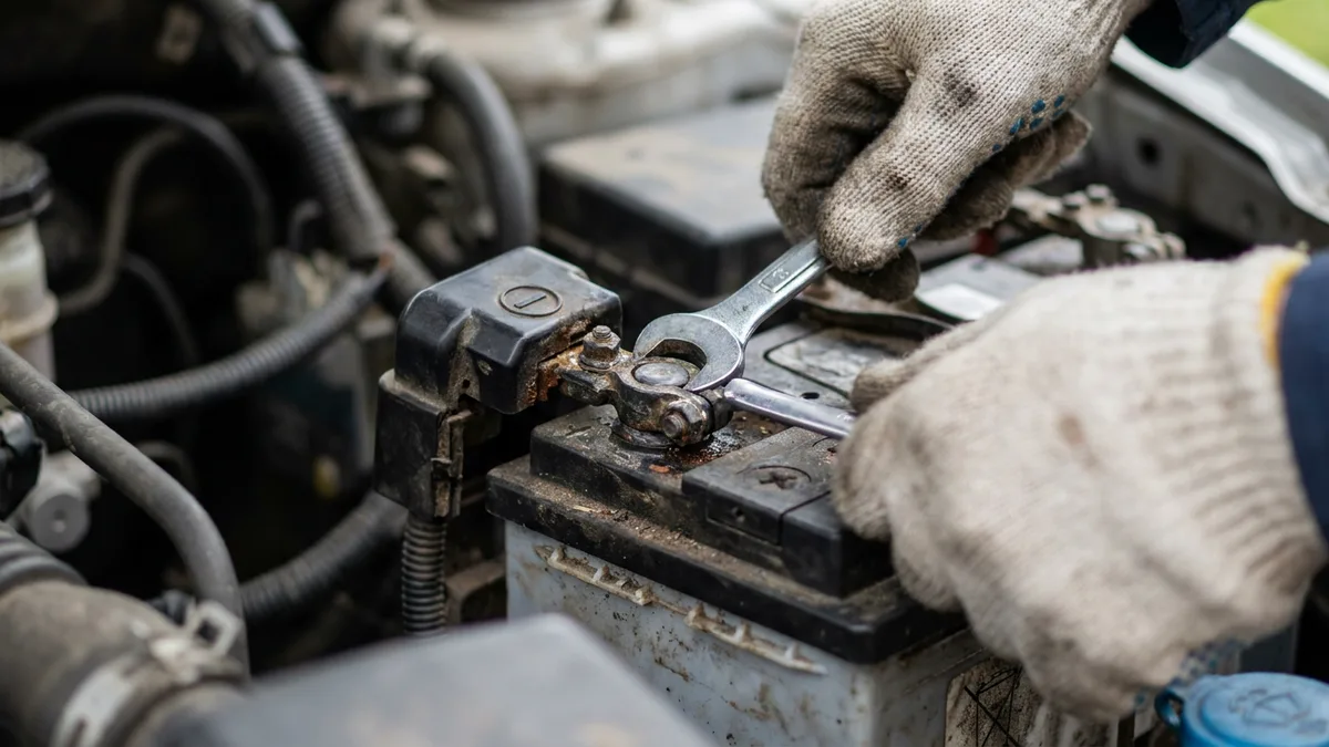 Wrench disconnecting the negative terminal clamp from a car battery