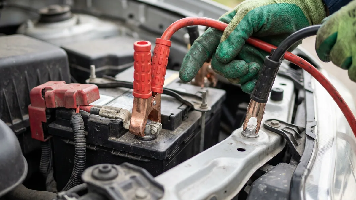 Red and black jumper cables connected between two car batteries