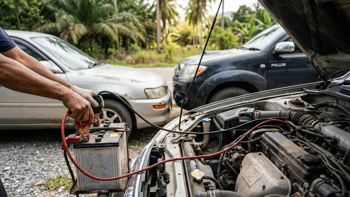 Jump-starting a car with red and black jumper cables