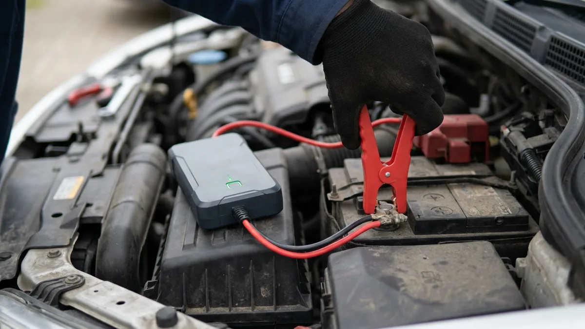 Compact lithium jump starter pack connected to a car battery