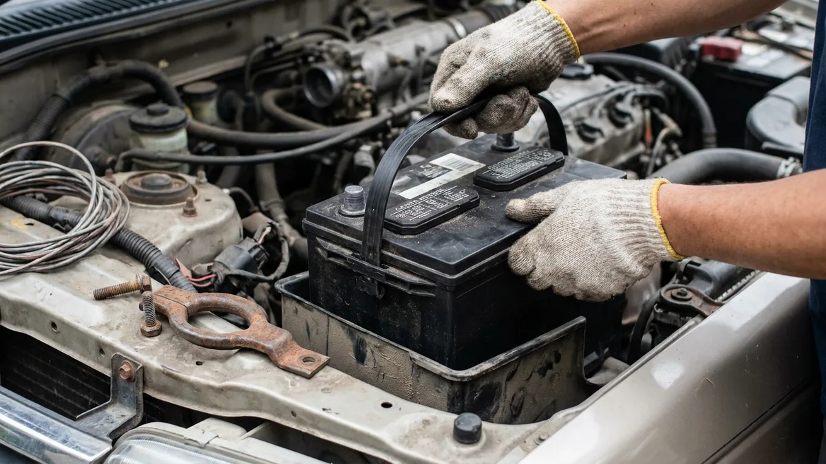 Mechanic's hands lifting a car battery out of an engine bay