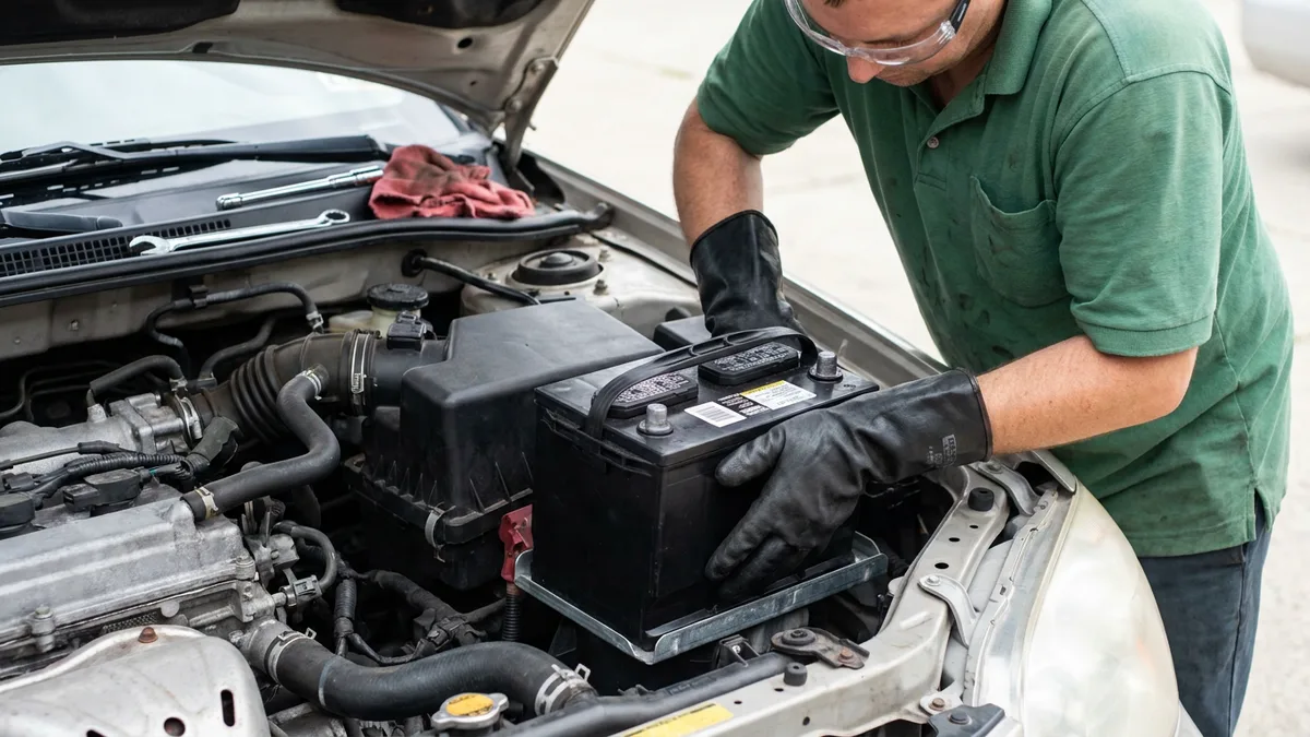 Person wearing safety gloves and glasses while replacing a car battery safely
