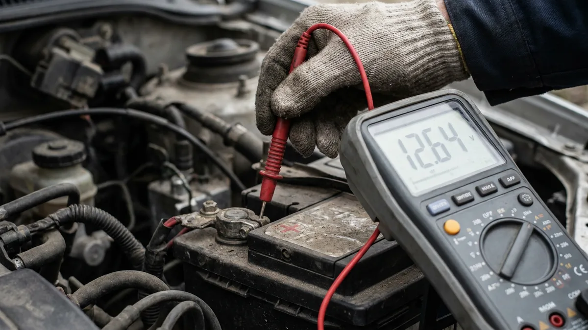 A multimeter probes connected to a car battery terminals showing voltage reading