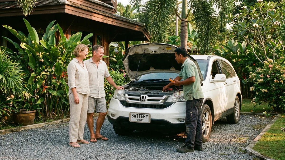 Car parked under shade in Phuket with battery tender connected for long-term storage