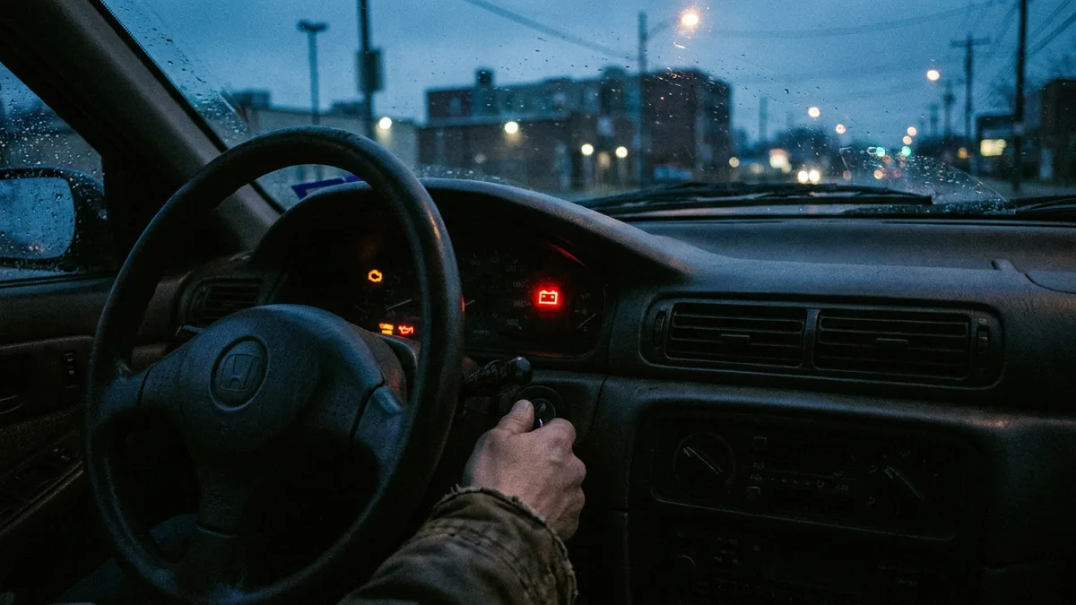 Dim car headlights at night indicating a weak battery